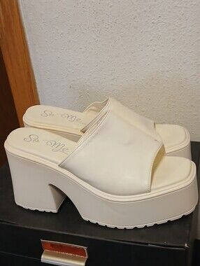 So Me White Chunky Platform Slide Sandals Open Toe Block Heel Size 10 Y2K Retro